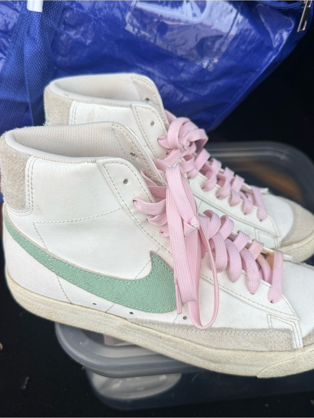 Nike Women's High-Top Sneakers White with Mint Green Swoosh and Pink Laces